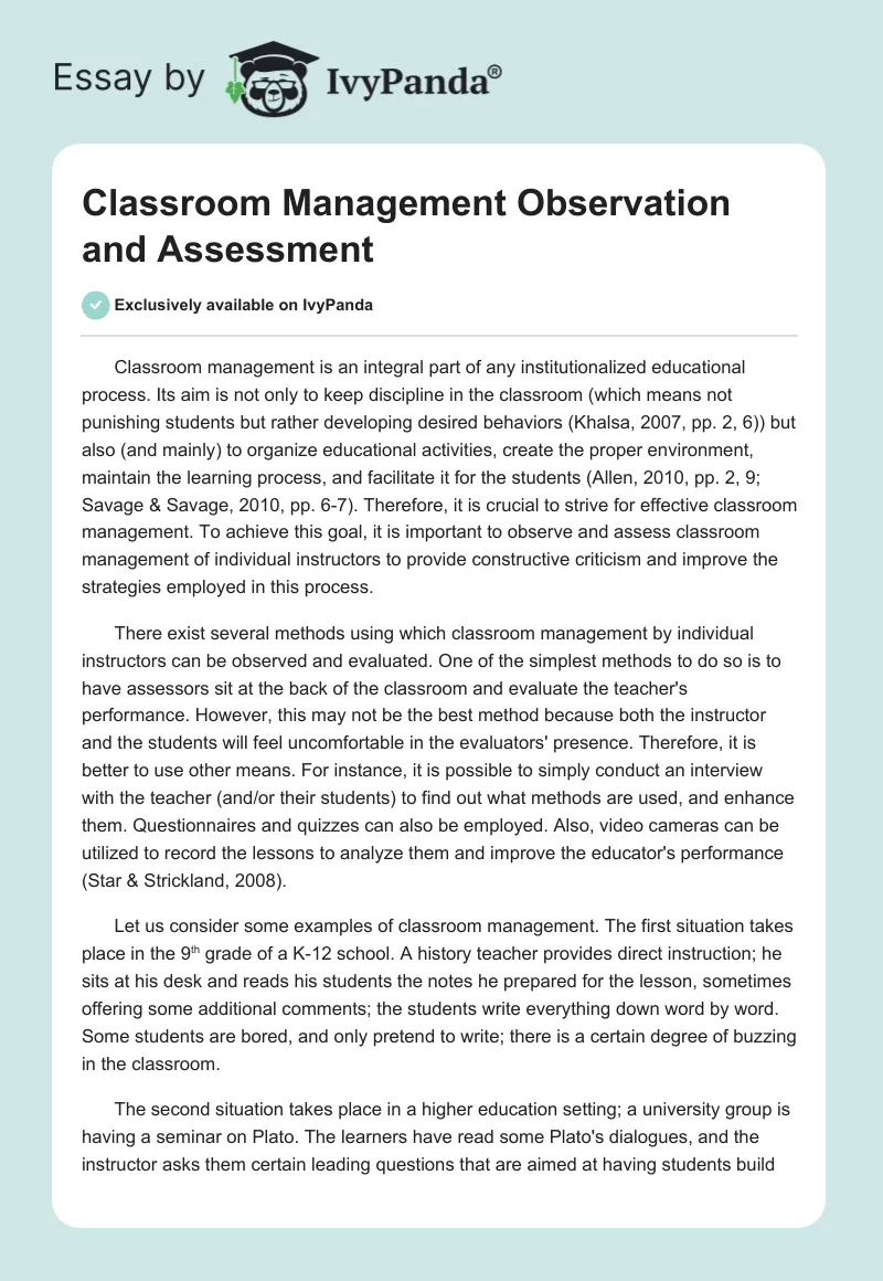 Classroom Management Observation and Assessment. Page 1