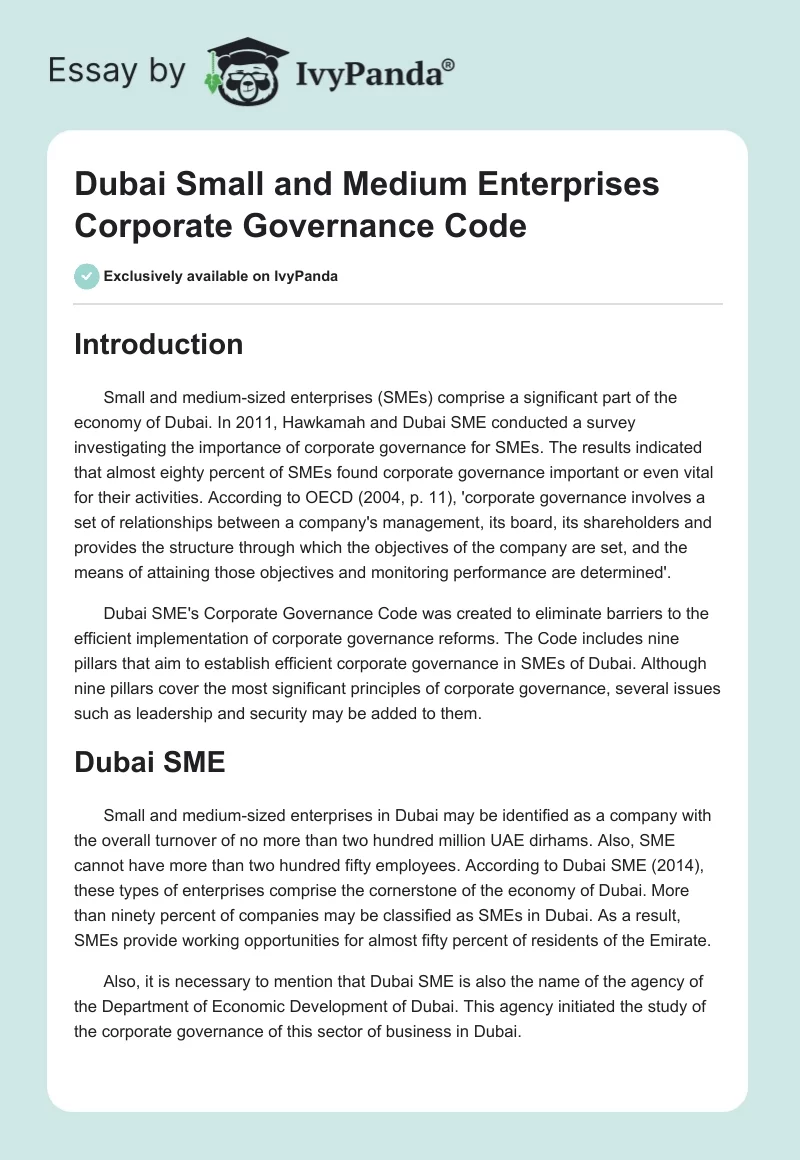 Dubai Small & Medium Enterprises Corporate Code - 1951 Words | Essay ...