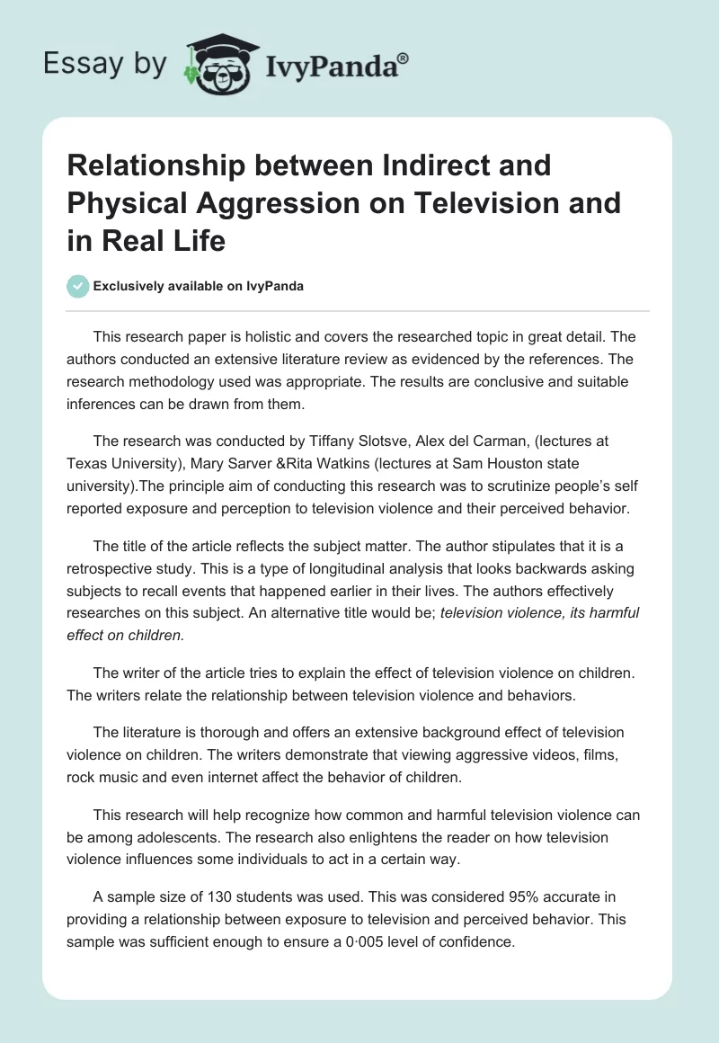 Relationship between Indirect and Physical Aggression on Television and in Real Life. Page 1