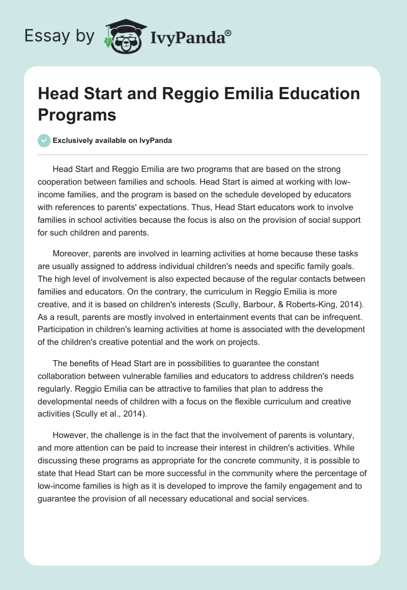 Head Start and Reggio Emilia Education Programs. Page 1