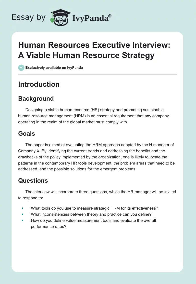Human Resources Executive Interview: A Viable Human Resource Strategy. Page 1