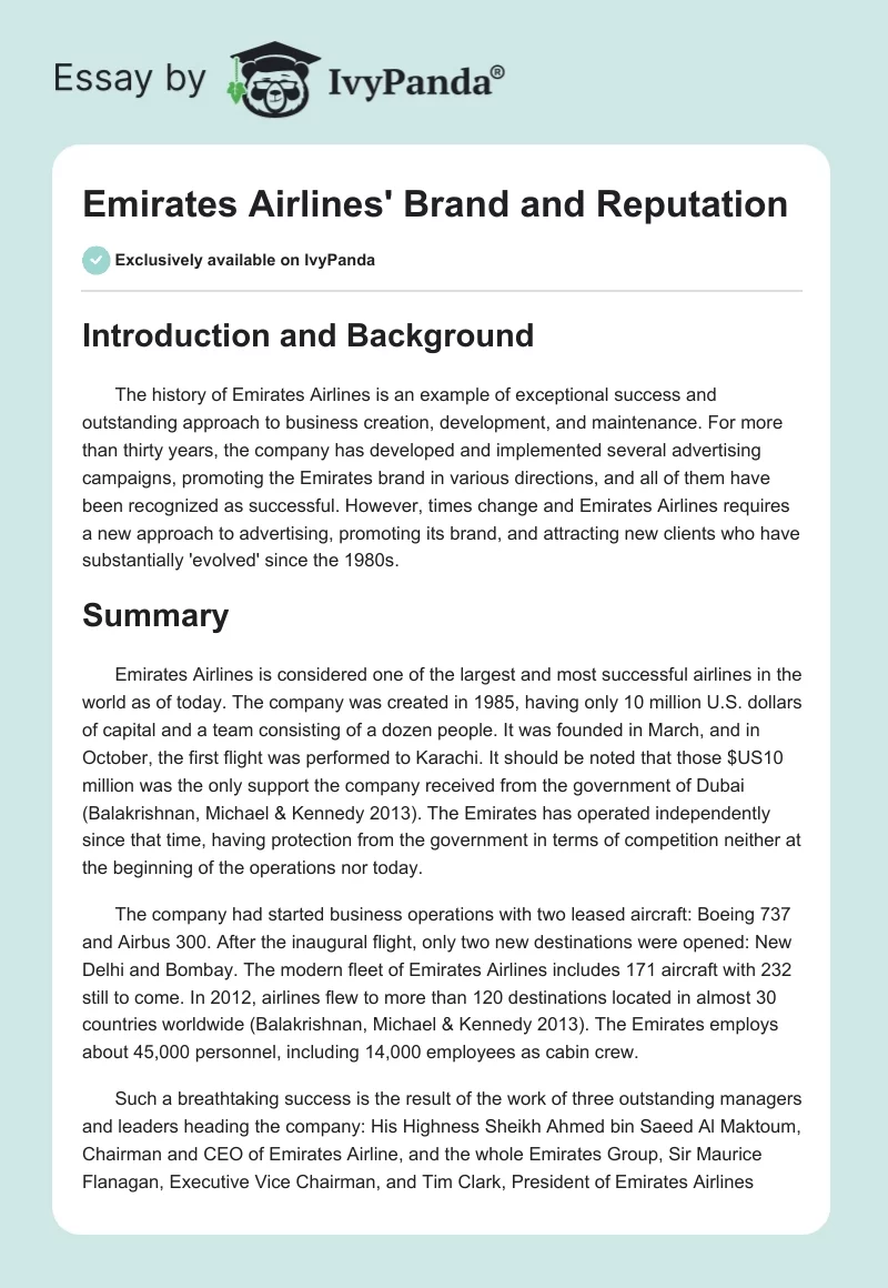 Emirates Airlines' Brand and Reputation. Page 1