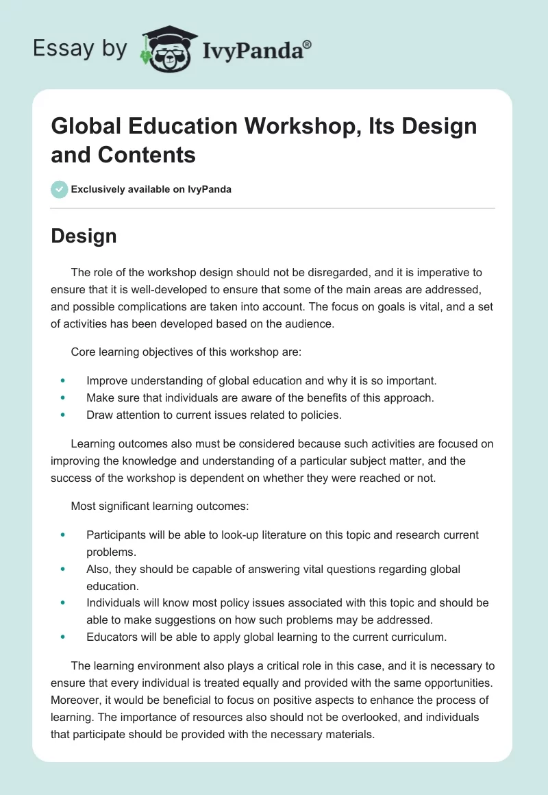 Global Education Workshop, Its Design and Contents. Page 1