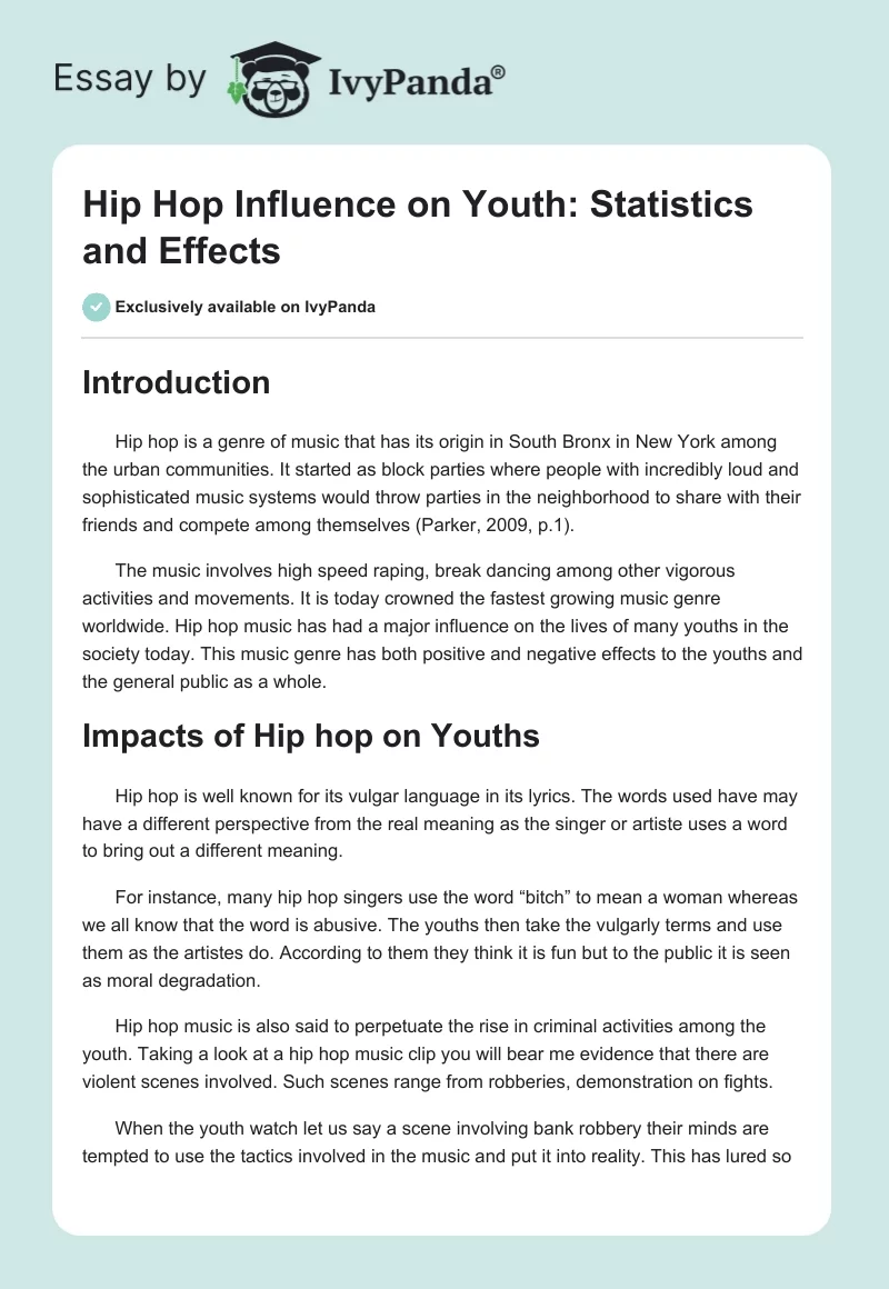 Hip Hop Influence on Youth: Statistics and Effects. Page 1