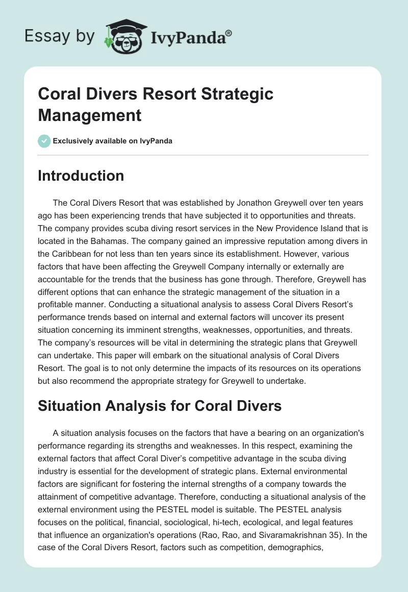 Coral Divers Resort Strategic Management. Page 1