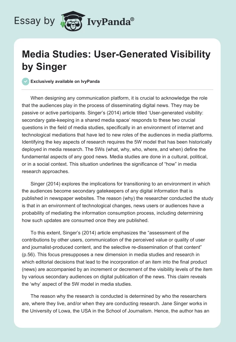 Media Studies: User-Generated Visibility by Singer. Page 1
