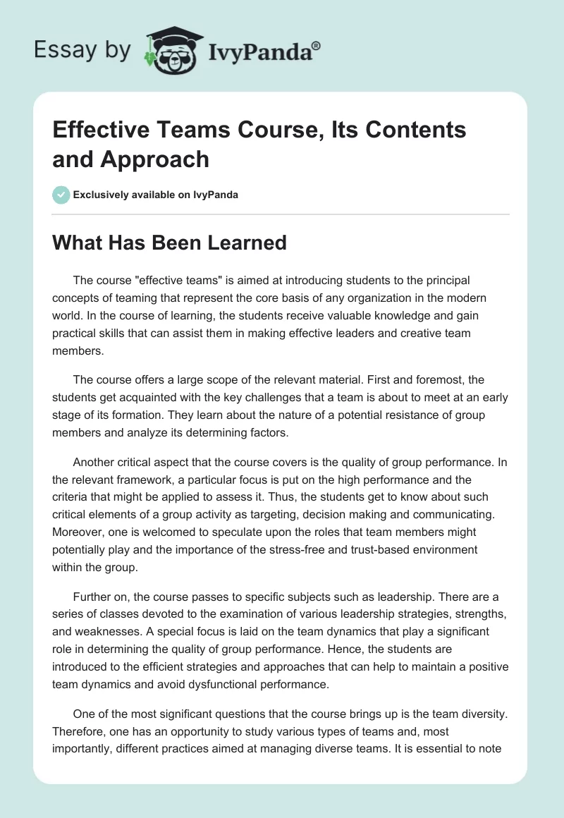 Effective Teams Course, Its Contents and Approach. Page 1