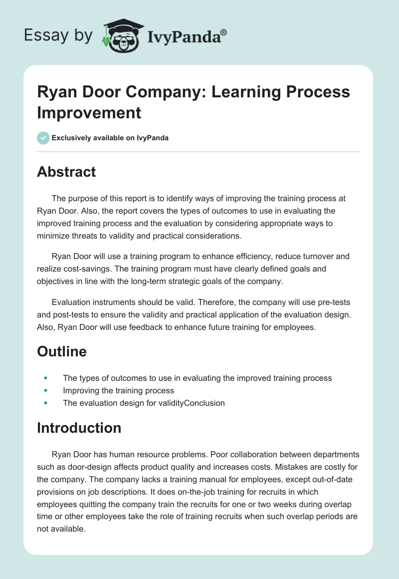 Ryan Door Company: Learning Process Improvement. Page 1