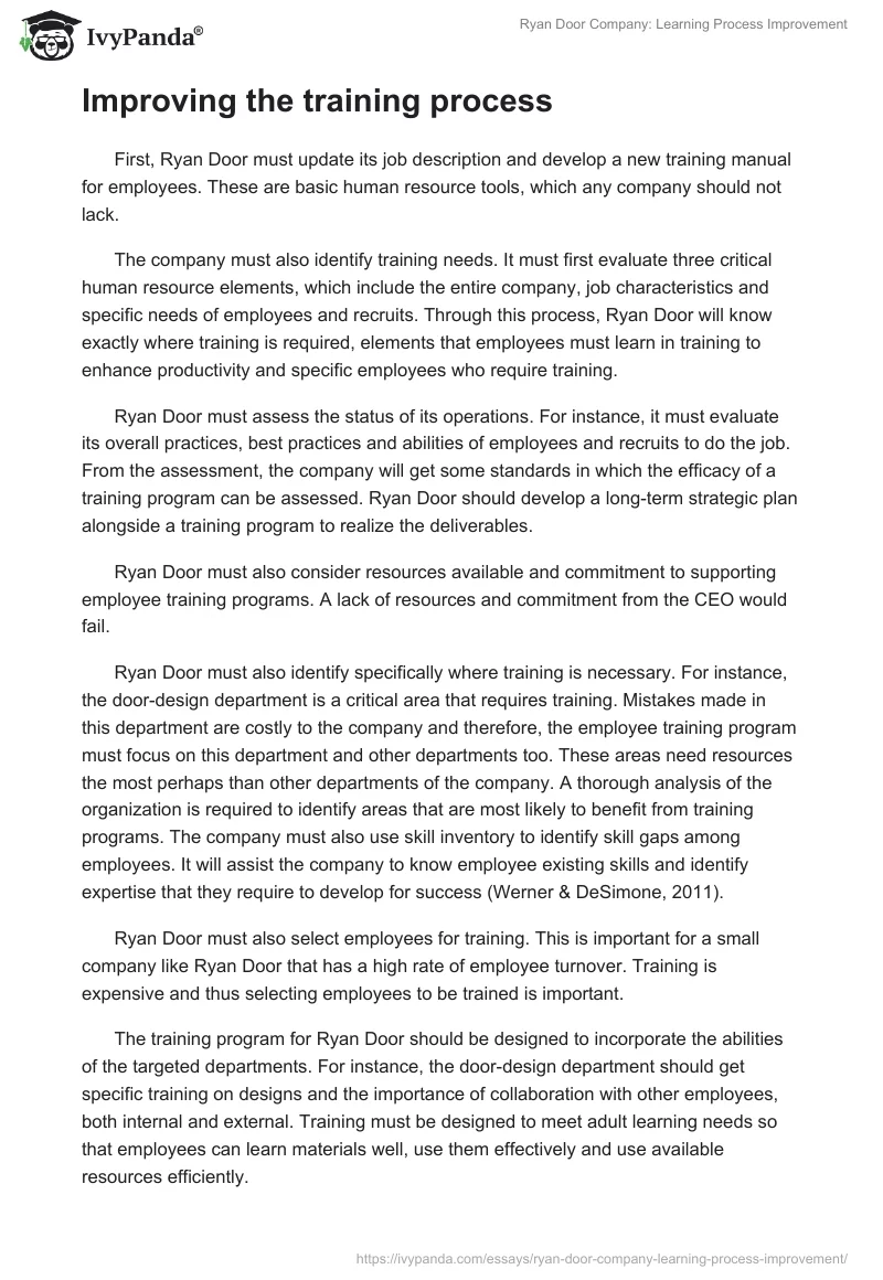 Ryan Door Company: Learning Process Improvement. Page 2