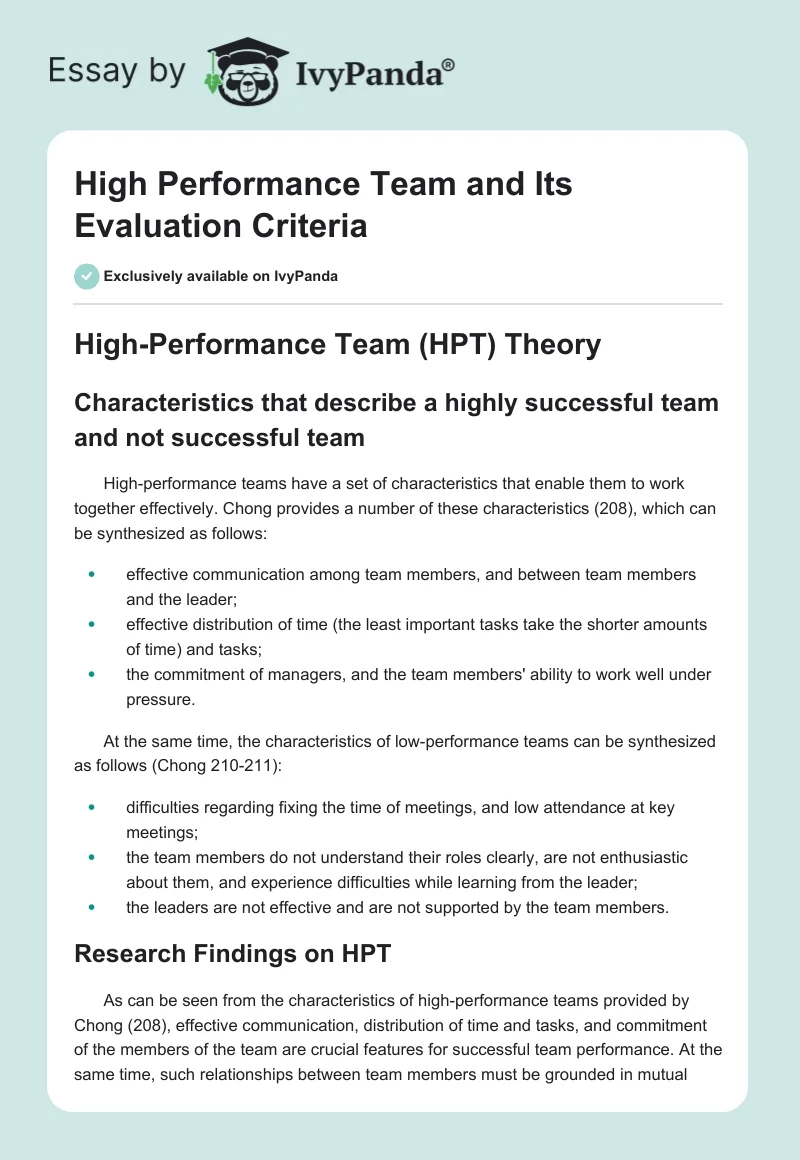 High Performance Team and Its Evaluation Criteria. Page 1