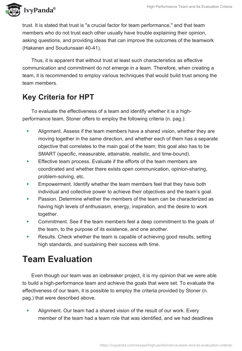 High Performance Team and Its Evaluation Criteria. Page 2