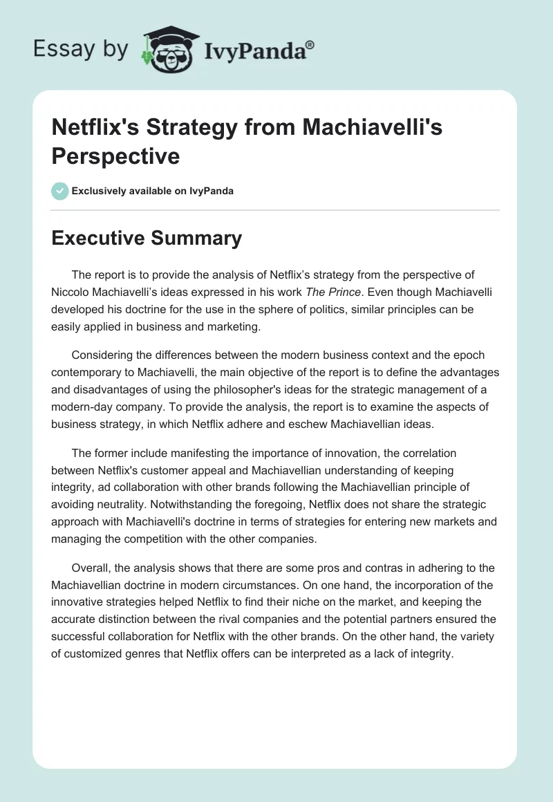 Netflix's Strategy From Machiavelli's Perspective. Page 1