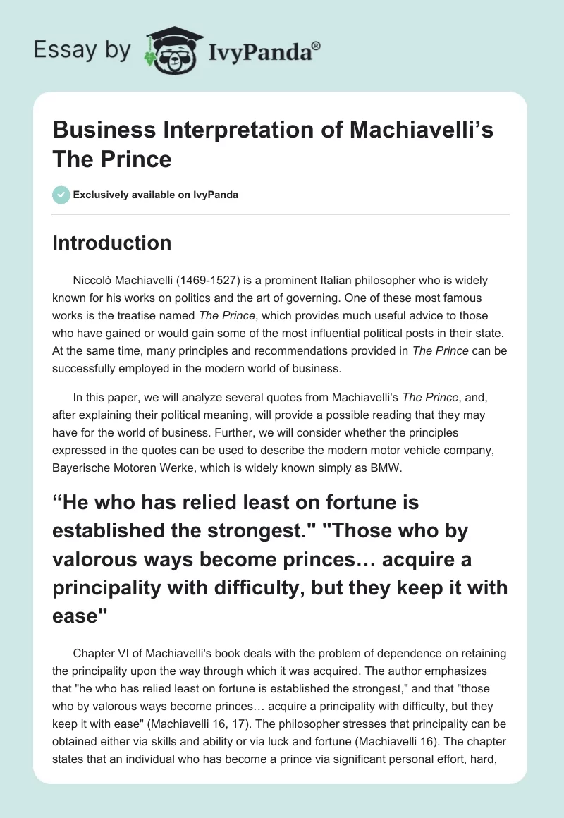 Business Interpretation of Machiavelli’s The Prince. Page 1