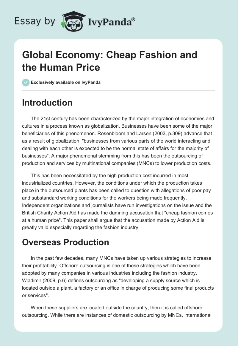 Global Economy: Cheap Fashion and the Human Price. Page 1