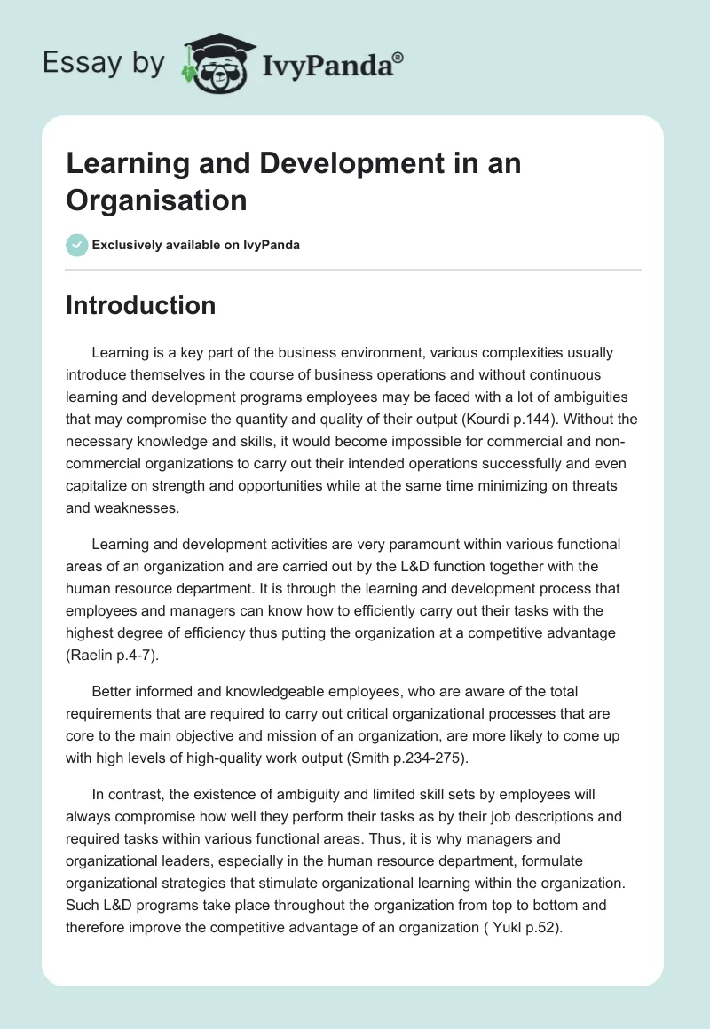 Learning and Development in an Organisation. Page 1