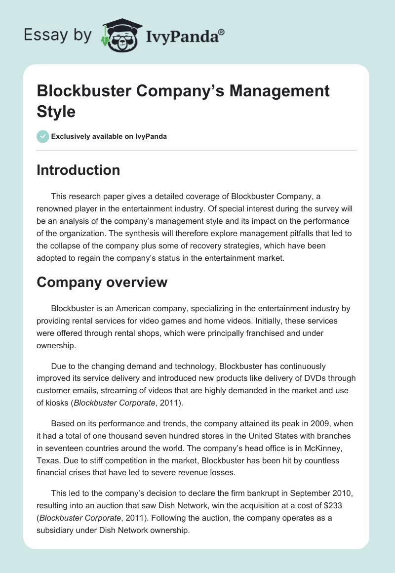 Blockbuster Company’s Management Style. Page 1