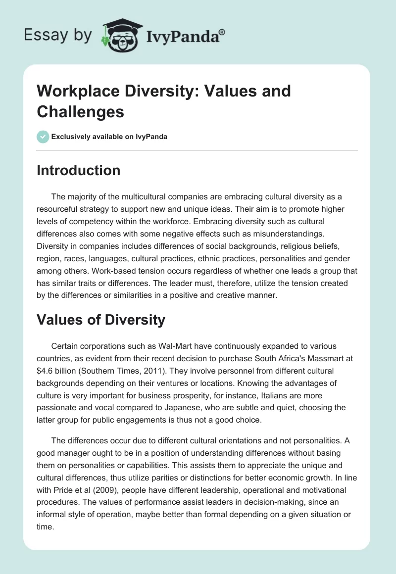 Workplace Diversity: Values and Challenges. Page 1