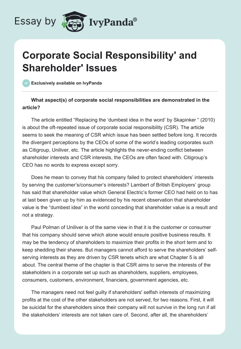 Corporate Social Responsibility' and Shareholder' Issues. Page 1