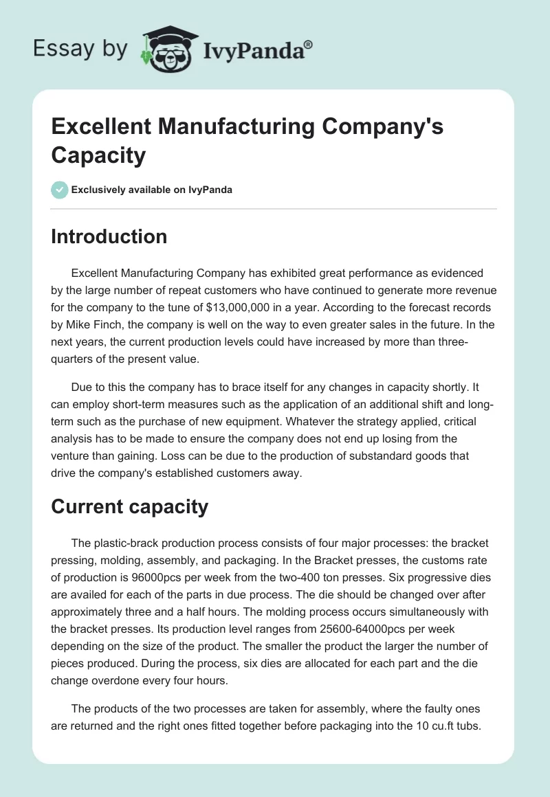 Excellent Manufacturing Company's Capacity. Page 1