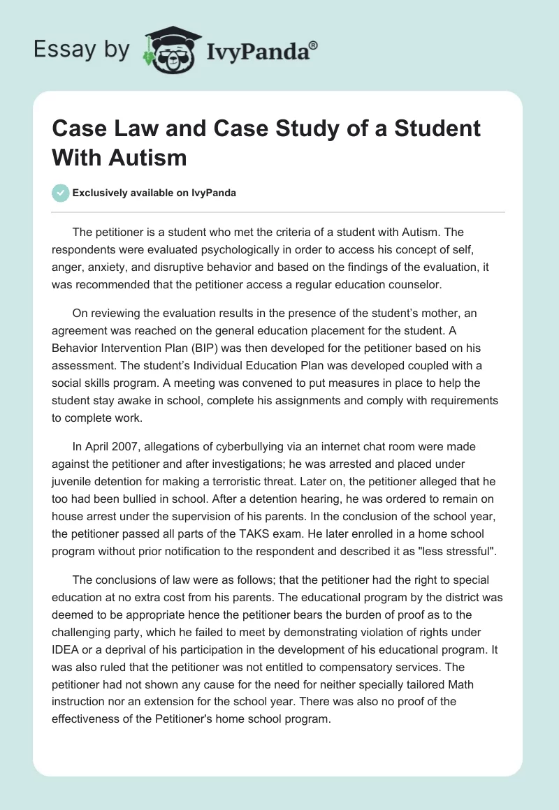 Case Law and Case Study of a Student With Autism. Page 1