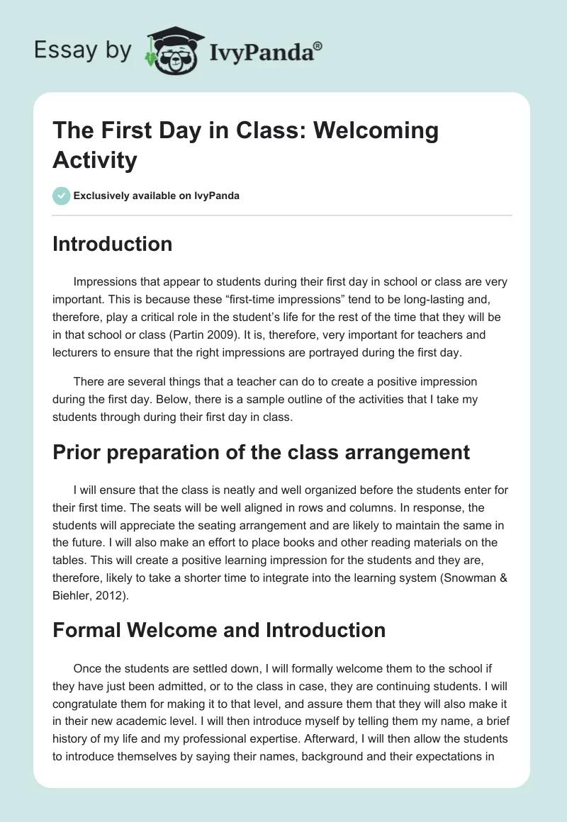 The First Day in Class: Welcoming Activity. Page 1