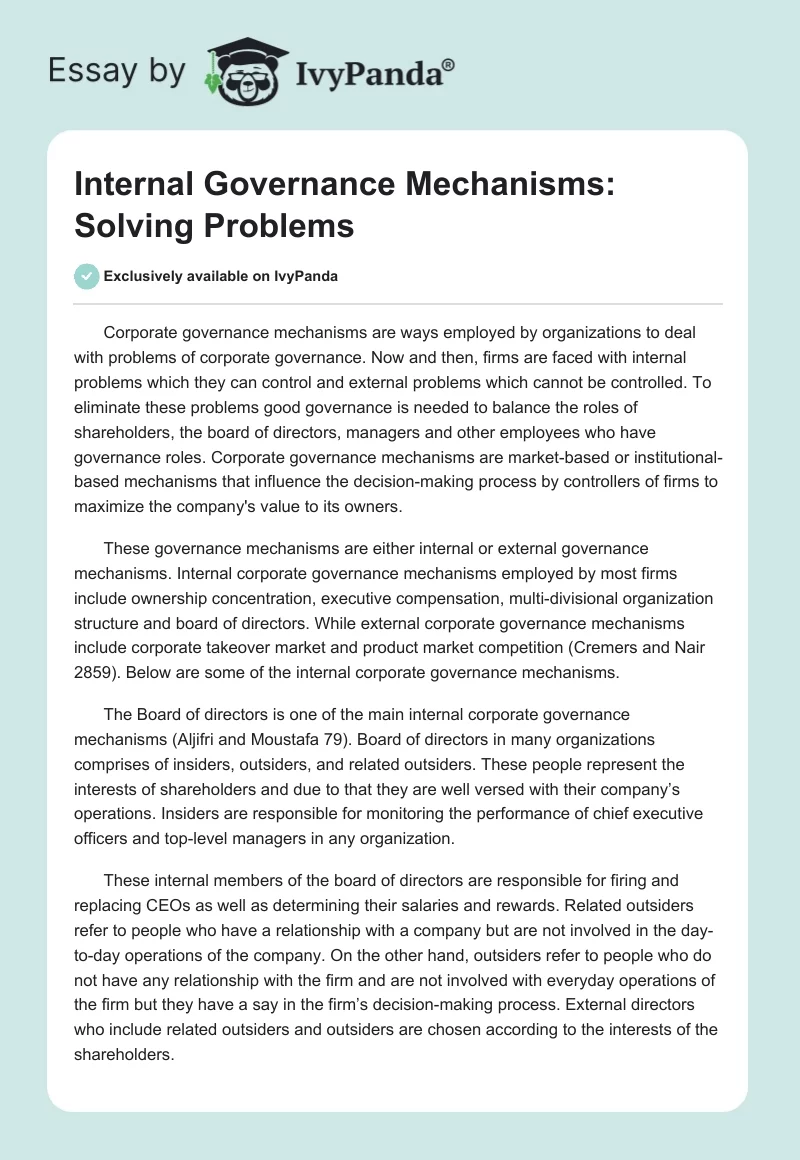 Internal Governance Mechanisms: Solving Problems. Page 1