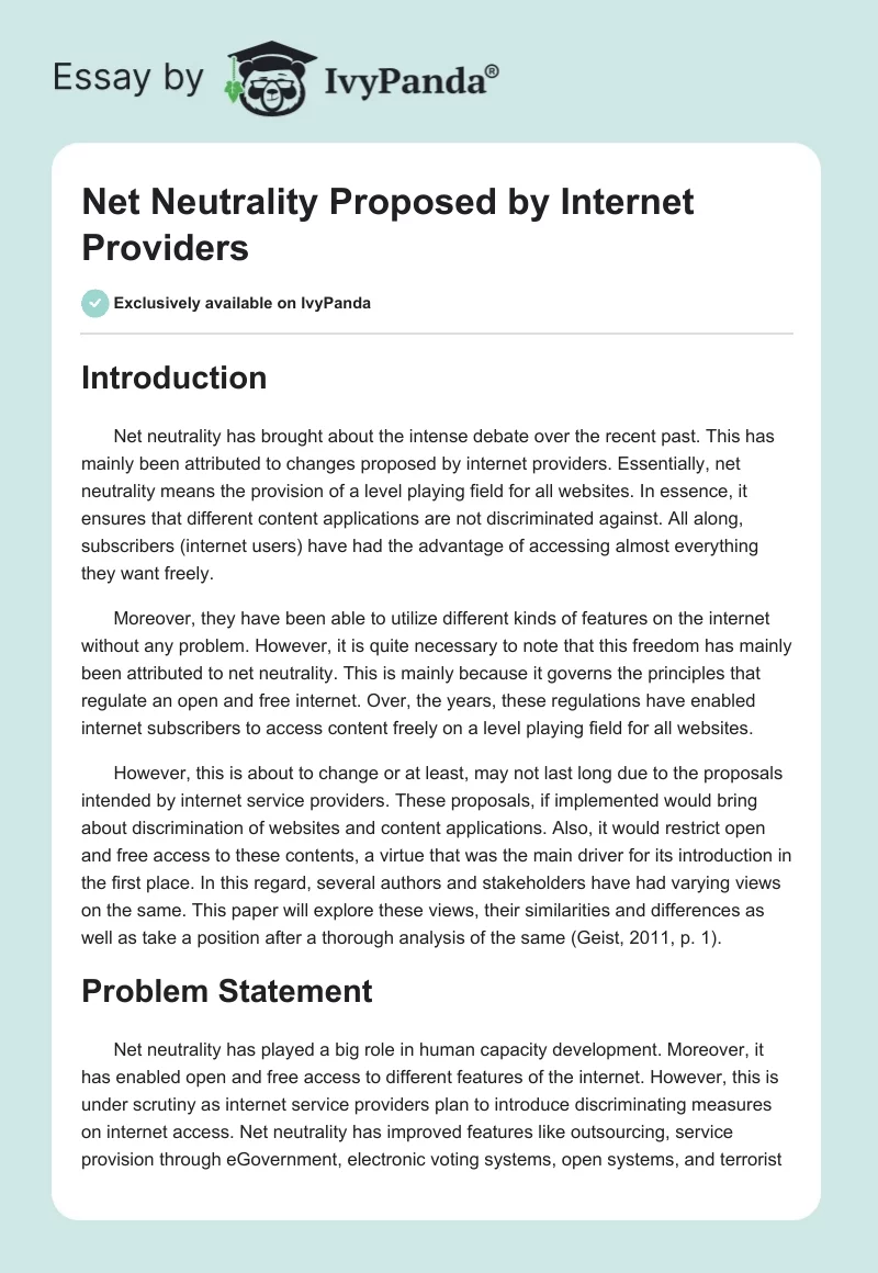 Net Neutrality Proposed by Internet Providers. Page 1
