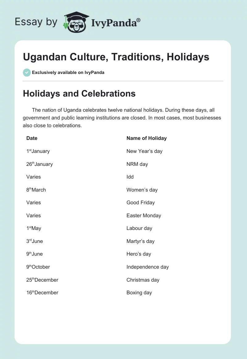 Ugandan Culture, Traditions, Holidays. Page 1
