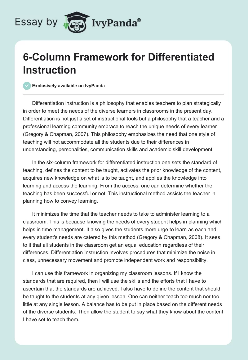 6-Column Framework for Differentiated Instruction. Page 1