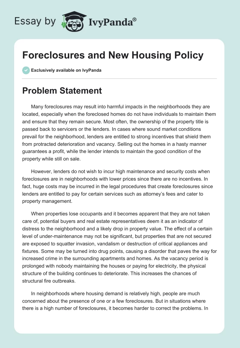 Foreclosures and New Housing Policy. Page 1