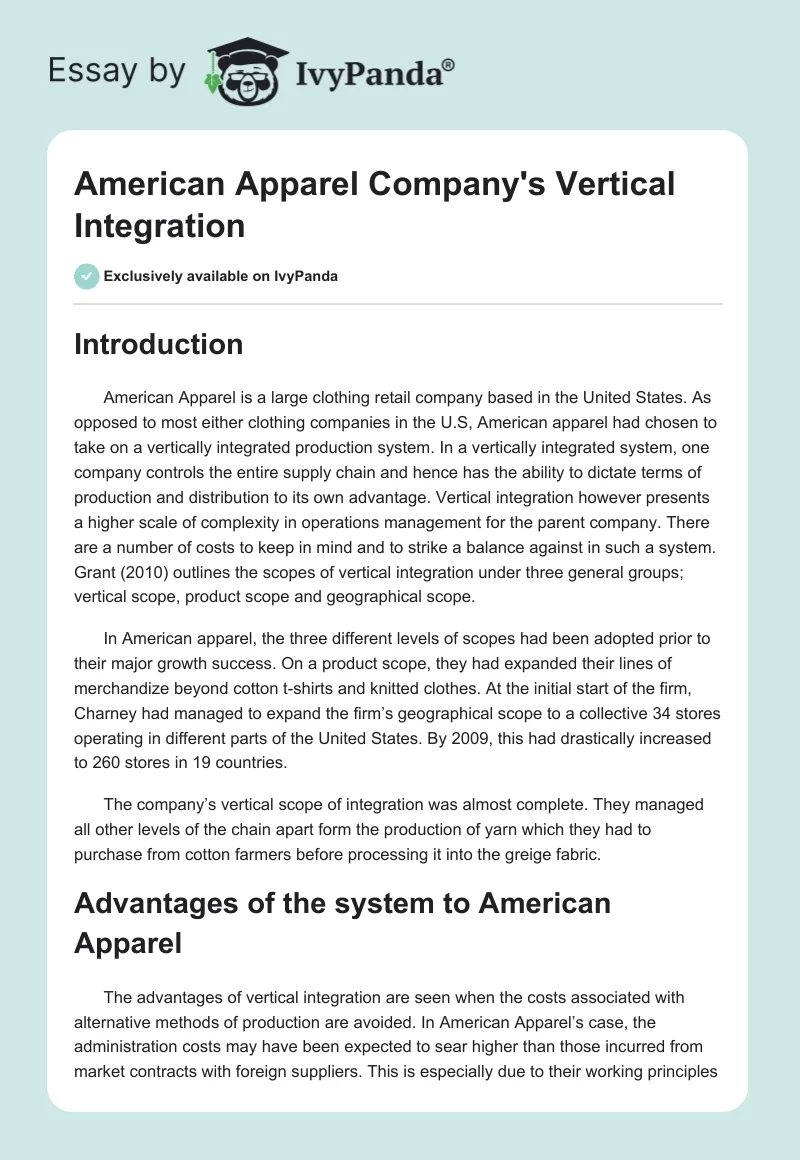 American Apparel Company's Vertical Integration. Page 1