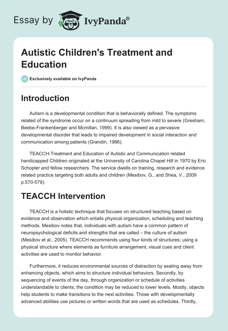 Autistic Children's Treatment and Education. Page 1