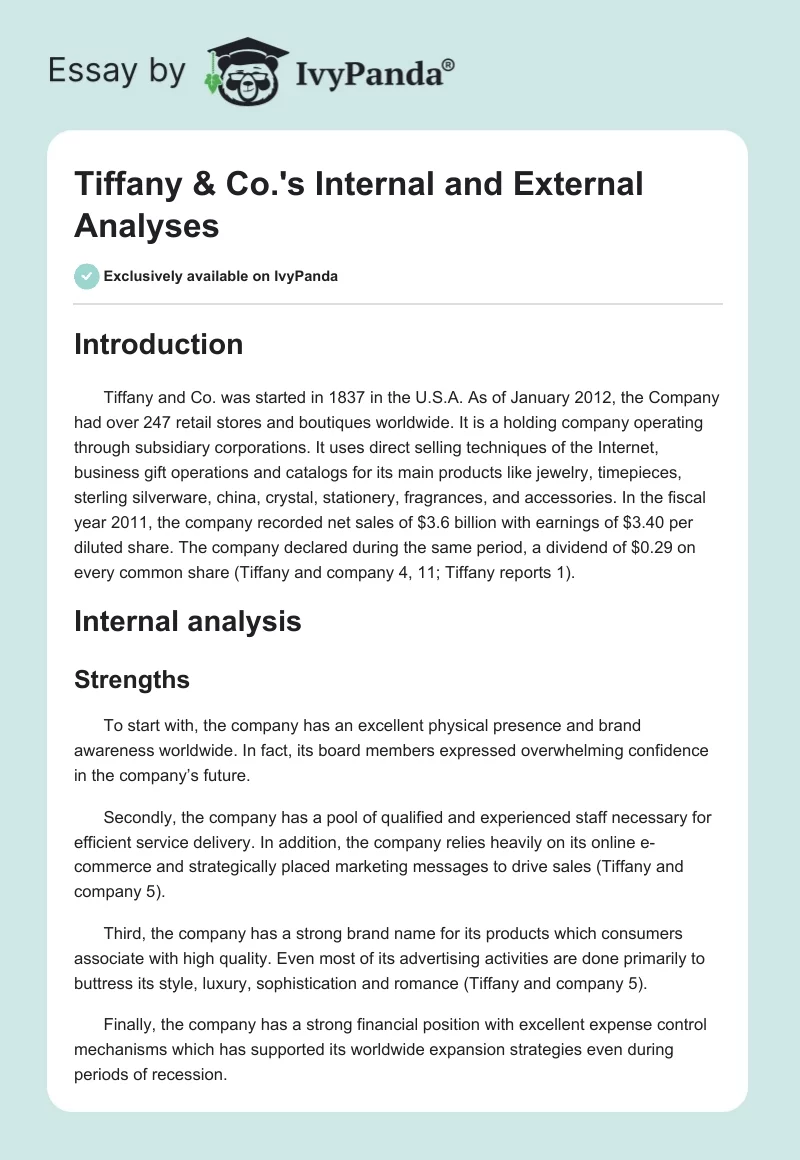 Tiffany & Co.'s Internal and External Analyses. Page 1