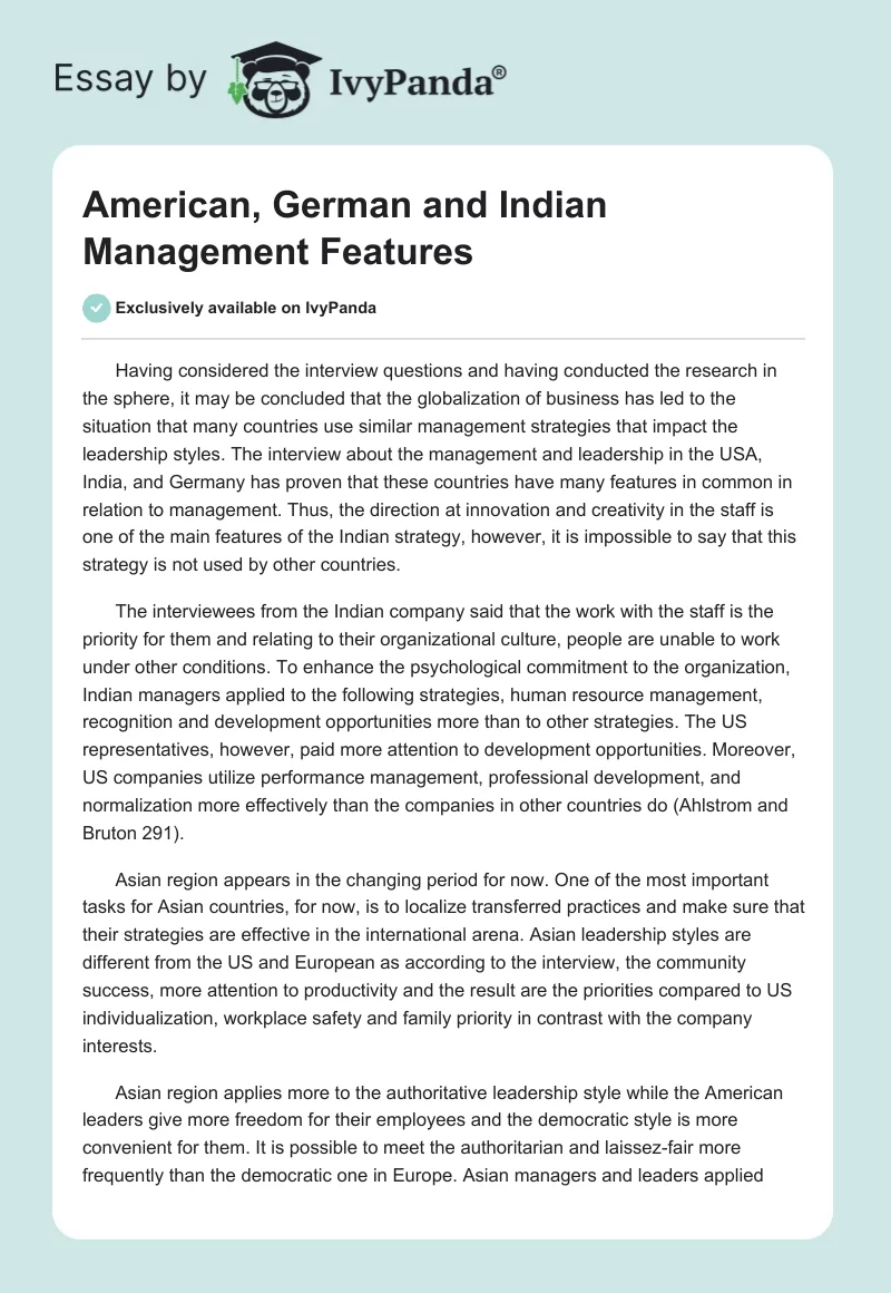 American, German and Indian Management Features. Page 1
