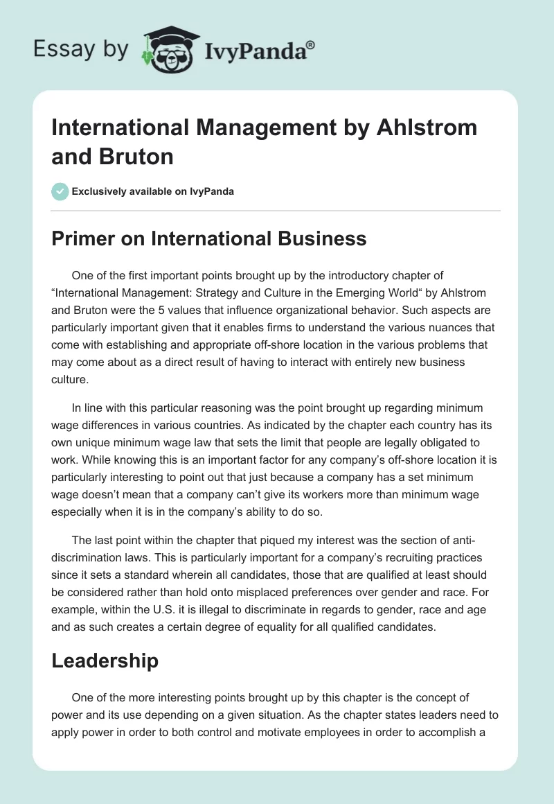 "International Management" by Ahlstrom and Bruton. Page 1