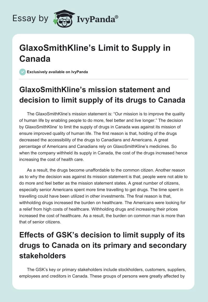 GlaxoSmithKline’s Limit to Supply in Canada. Page 1