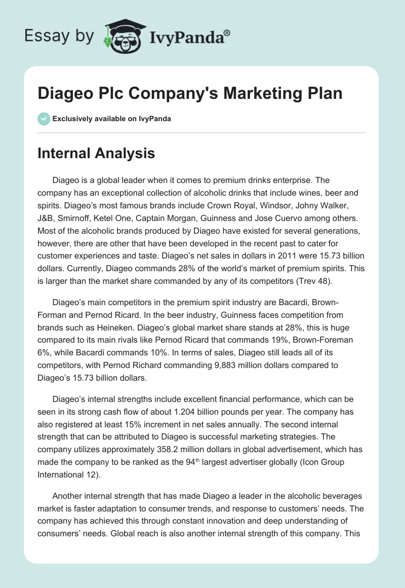 Diageo Plc Company's Marketing Plan. Page 1
