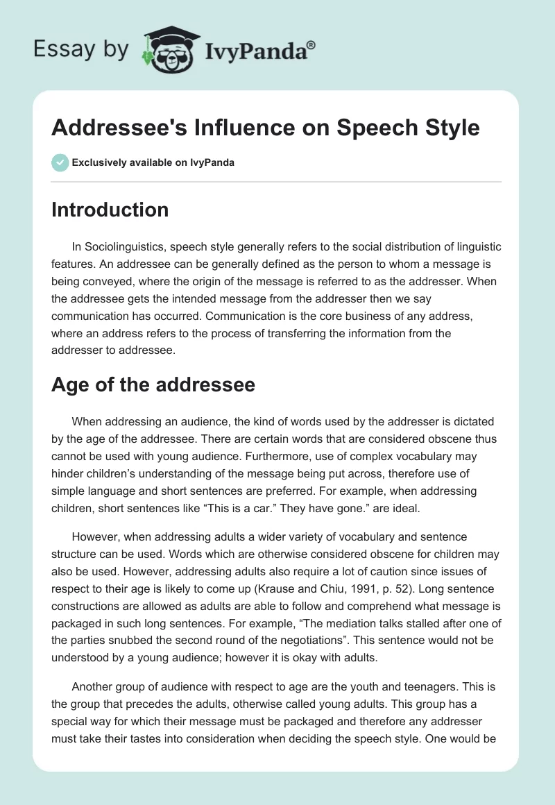 Addressee's Influence on Speech Style. Page 1