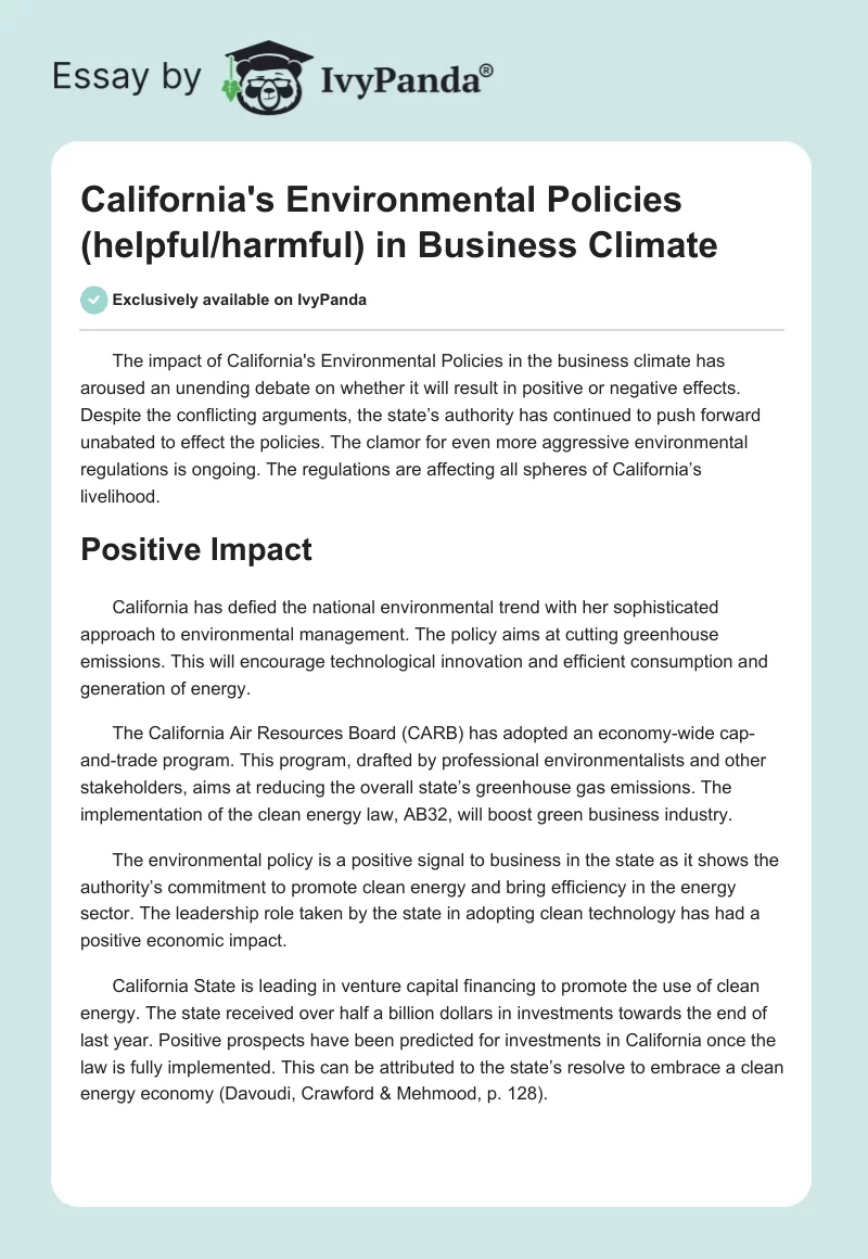 California's Environmental Policies (Helpful/Harmful) in Business Climate. Page 1