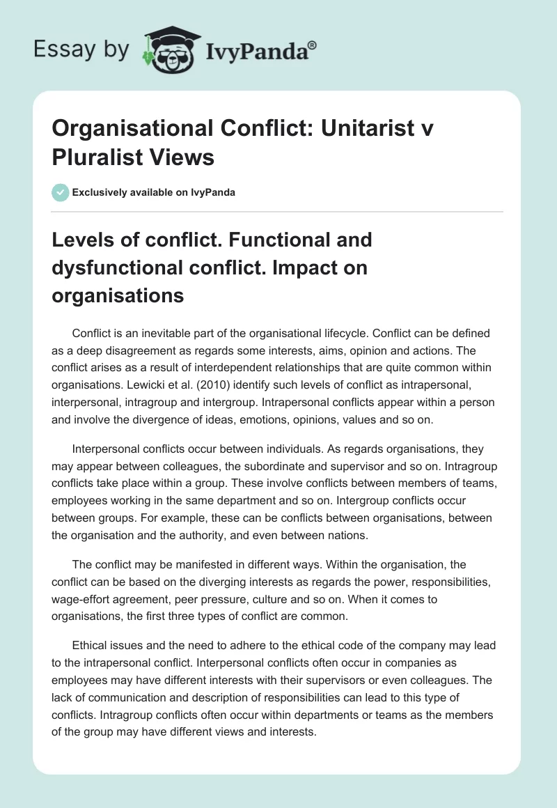 Organisational Conflict: Unitarist vs. Pluralist Views. Page 1