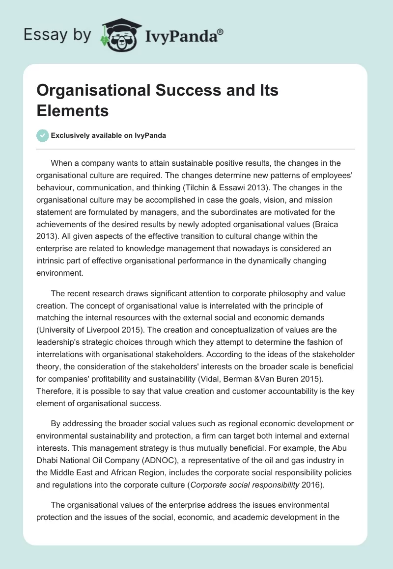 Organisational Success and Its Elements. Page 1