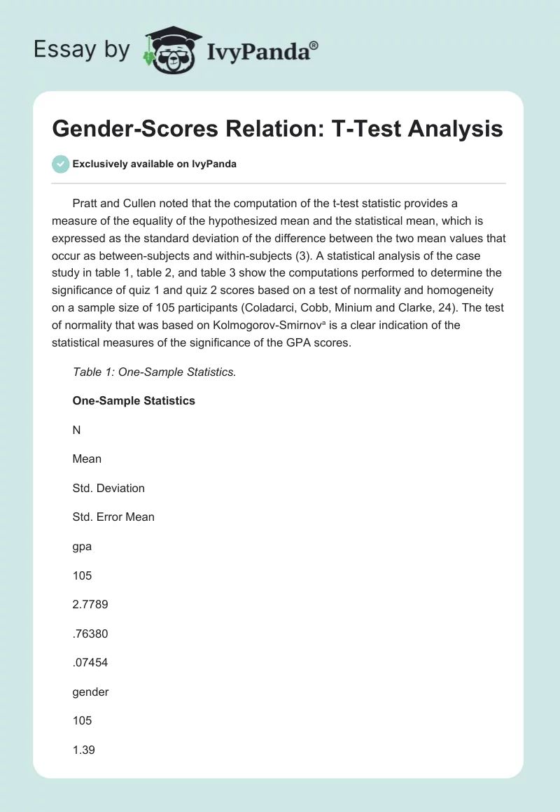 Gender-Scores Relation: T-Test Analysis. Page 1
