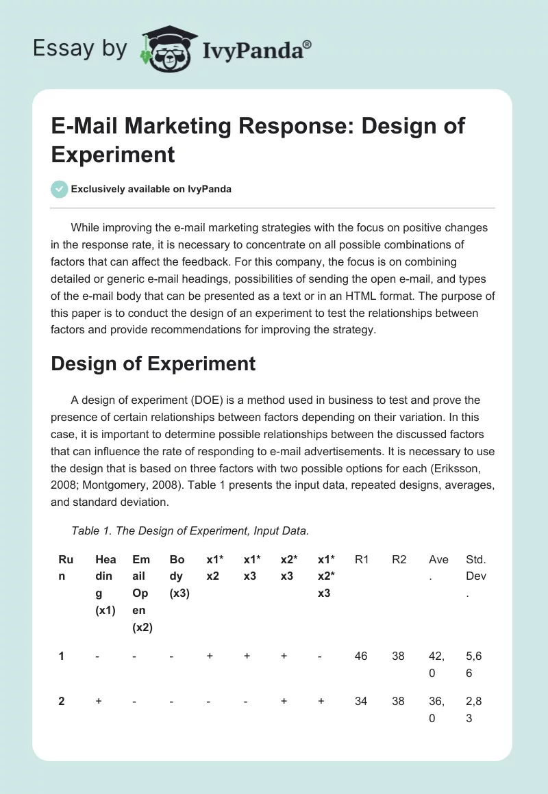 E-Mail Marketing Response: Design of Experiment. Page 1