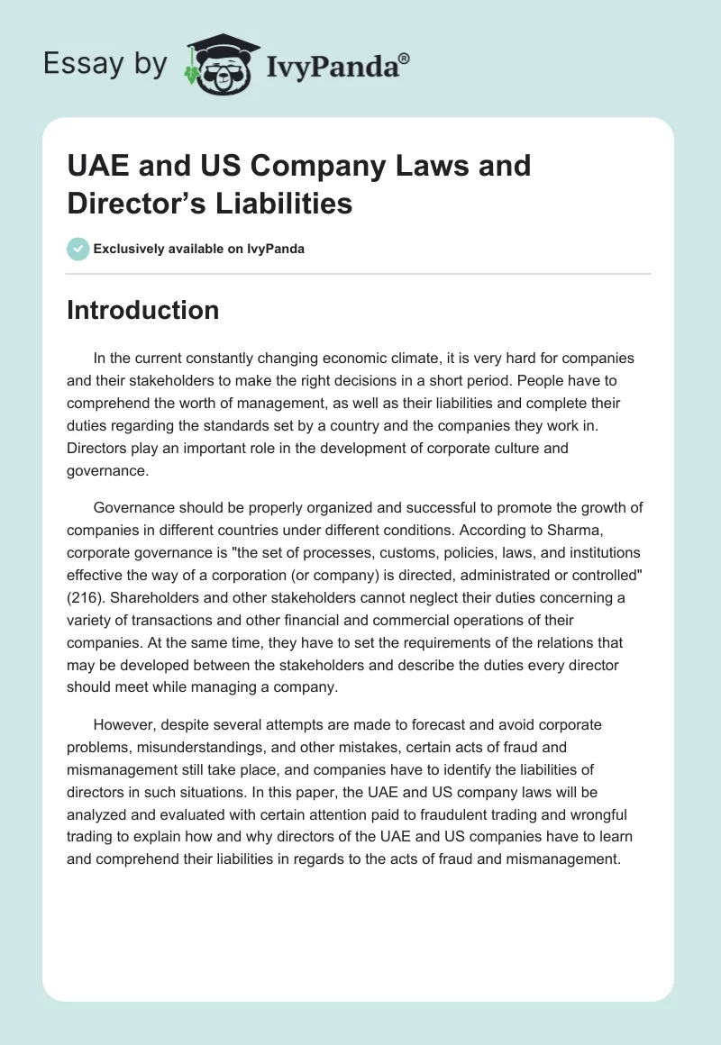 UAE and US Company Laws and Director’s Liabilities. Page 1
