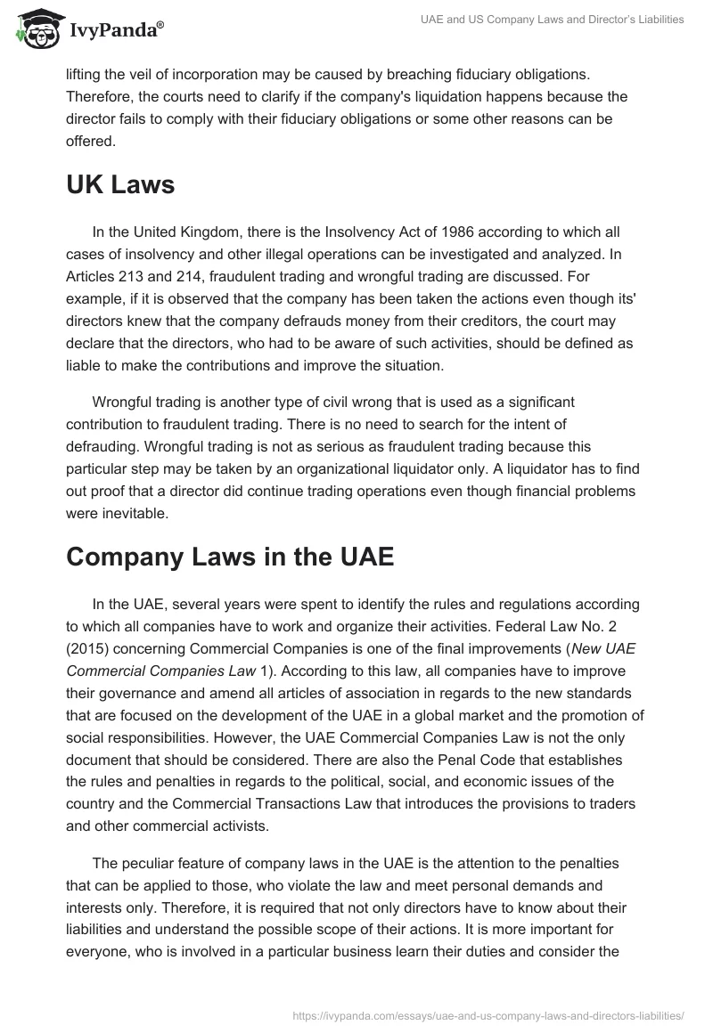 UAE and US Company Laws and Director’s Liabilities. Page 3