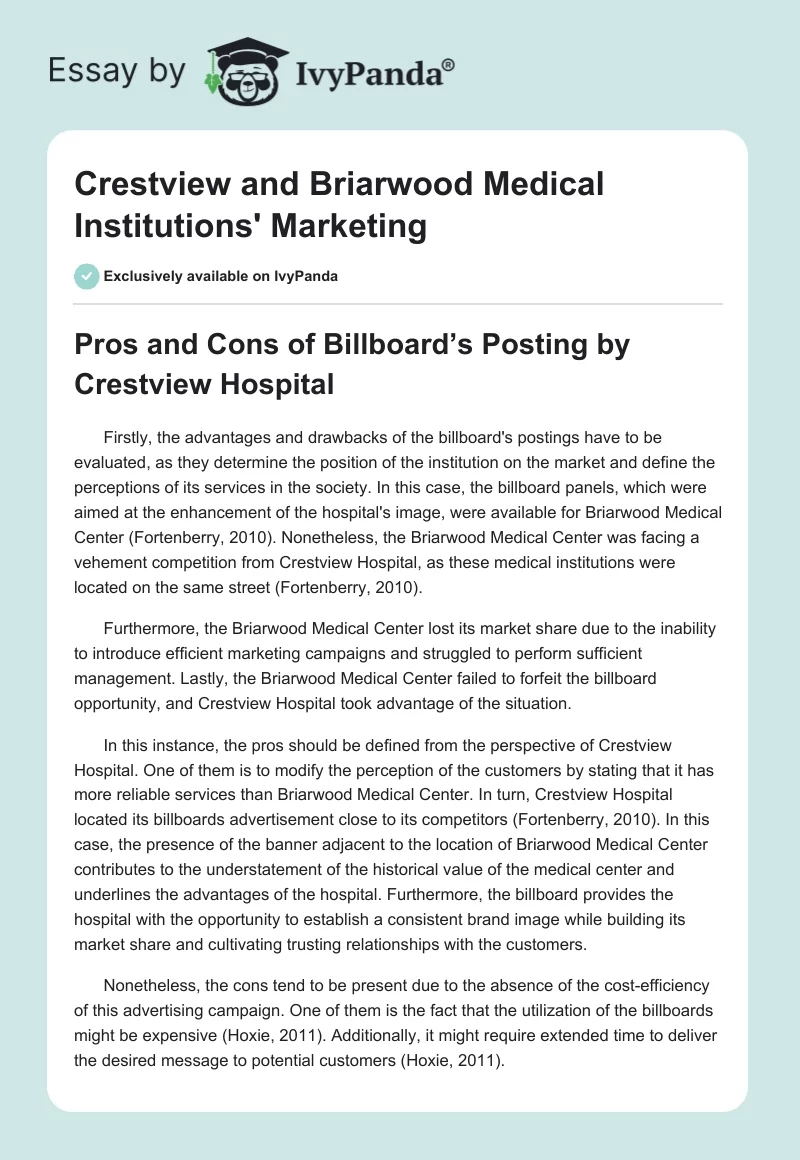 Crestview and Briarwood Medical Institutions' Marketing. Page 1