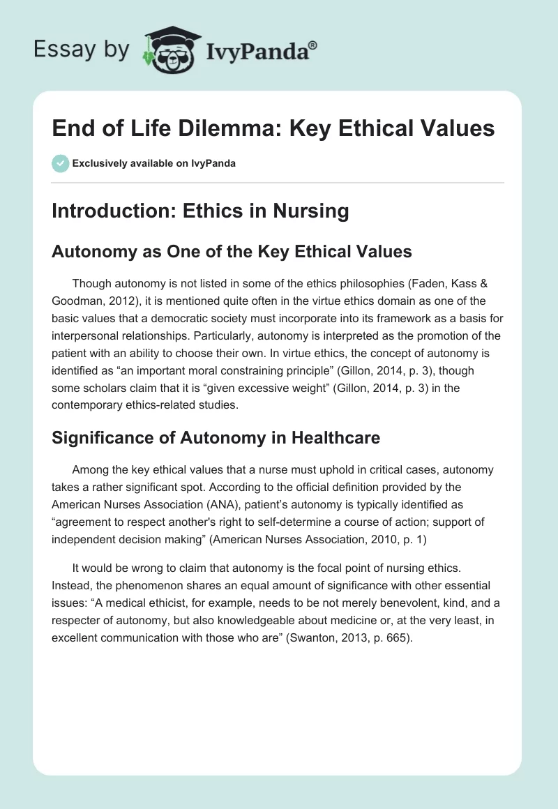 End of Life Dilemma: Key Ethical Values. Page 1