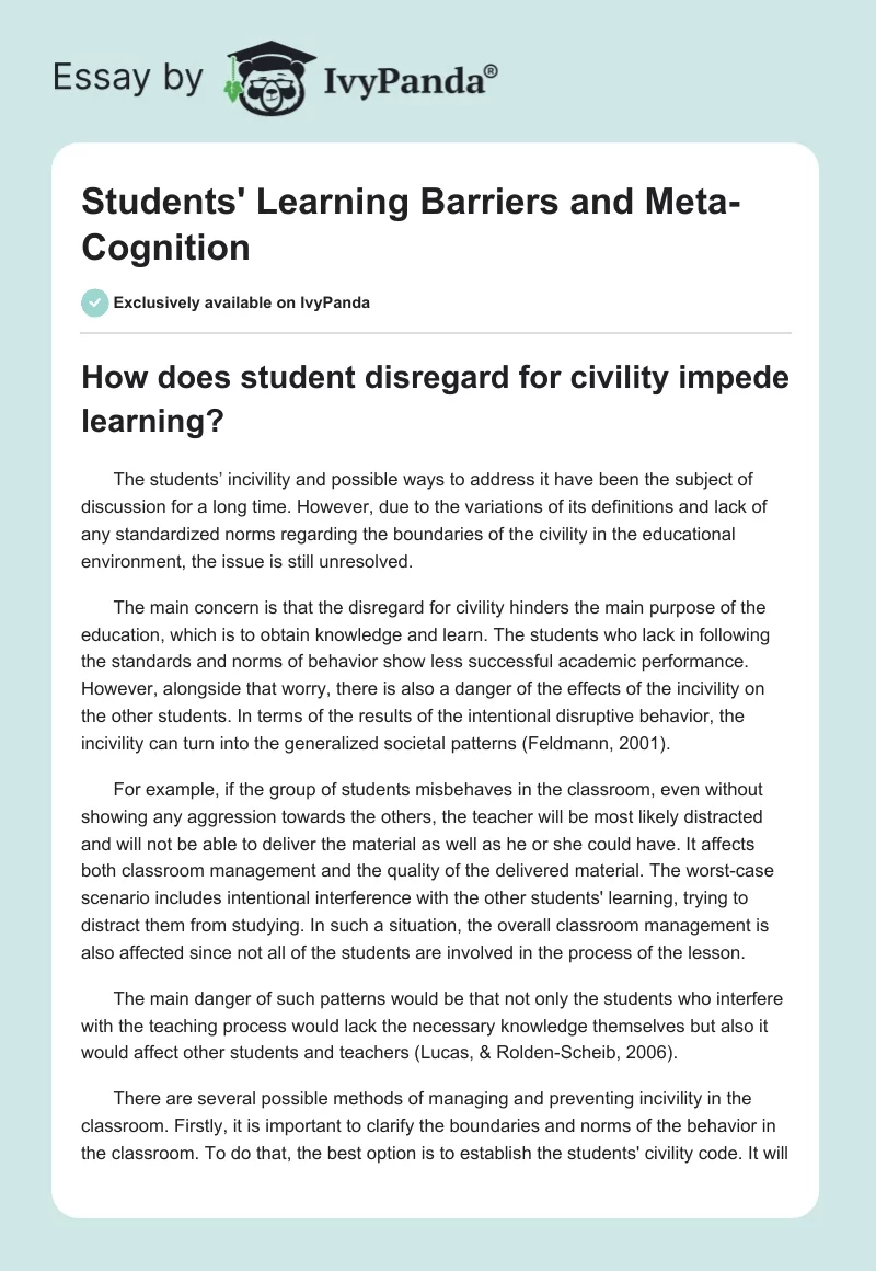Students' Learning Barriers and Meta-Cognition. Page 1