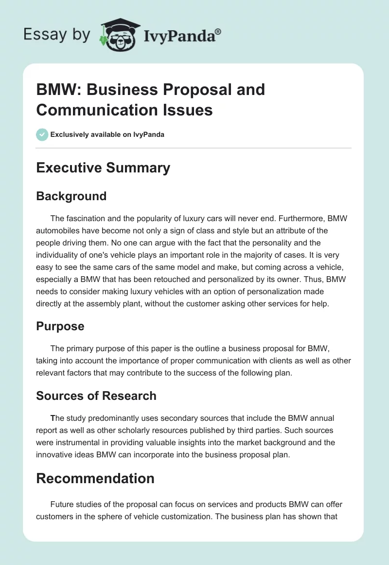 BMW: Business Proposal and Communication Issues. Page 1