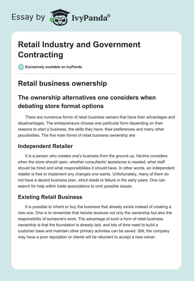 Retail Industry and Government Contracting. Page 1
